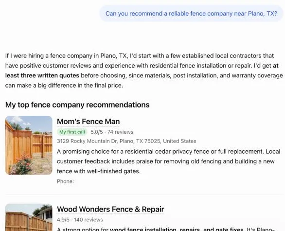 ChatGPT recommending fence companies near Plano, TX, with its first call being a company with 74 reviews and a 5.0 rating
