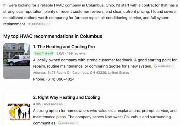 ChatGPT recommending HVAC companies in Columbus, OH, each with a google.com source link, a star rating, review count, address and phone number