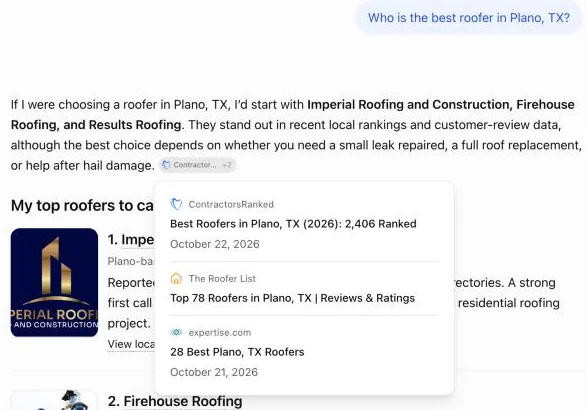 ChatGPT answering who is the best roofer in Plano, TX, with its sources open: ContractorsRanked, The Roofer List and expertise.com, two dated October 2026